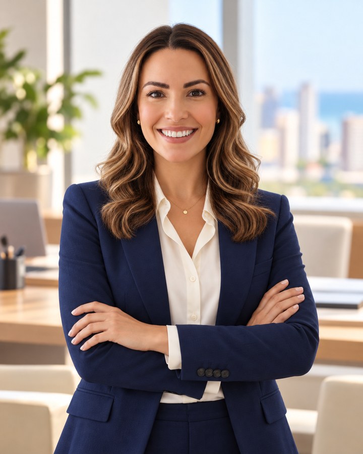 Retrato de Kaka Menezes, gerado por inteligência artificial: mulher de cabelo castanho ondulado, sorrindo, de suéter cinza.